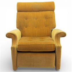 Parker Knoll - Golden yellow velour recliner, raised on castors