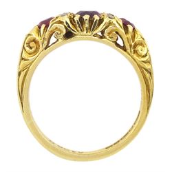 18ct gold three stone ruby and four stone single cut diamond ring, Birmingham 1966