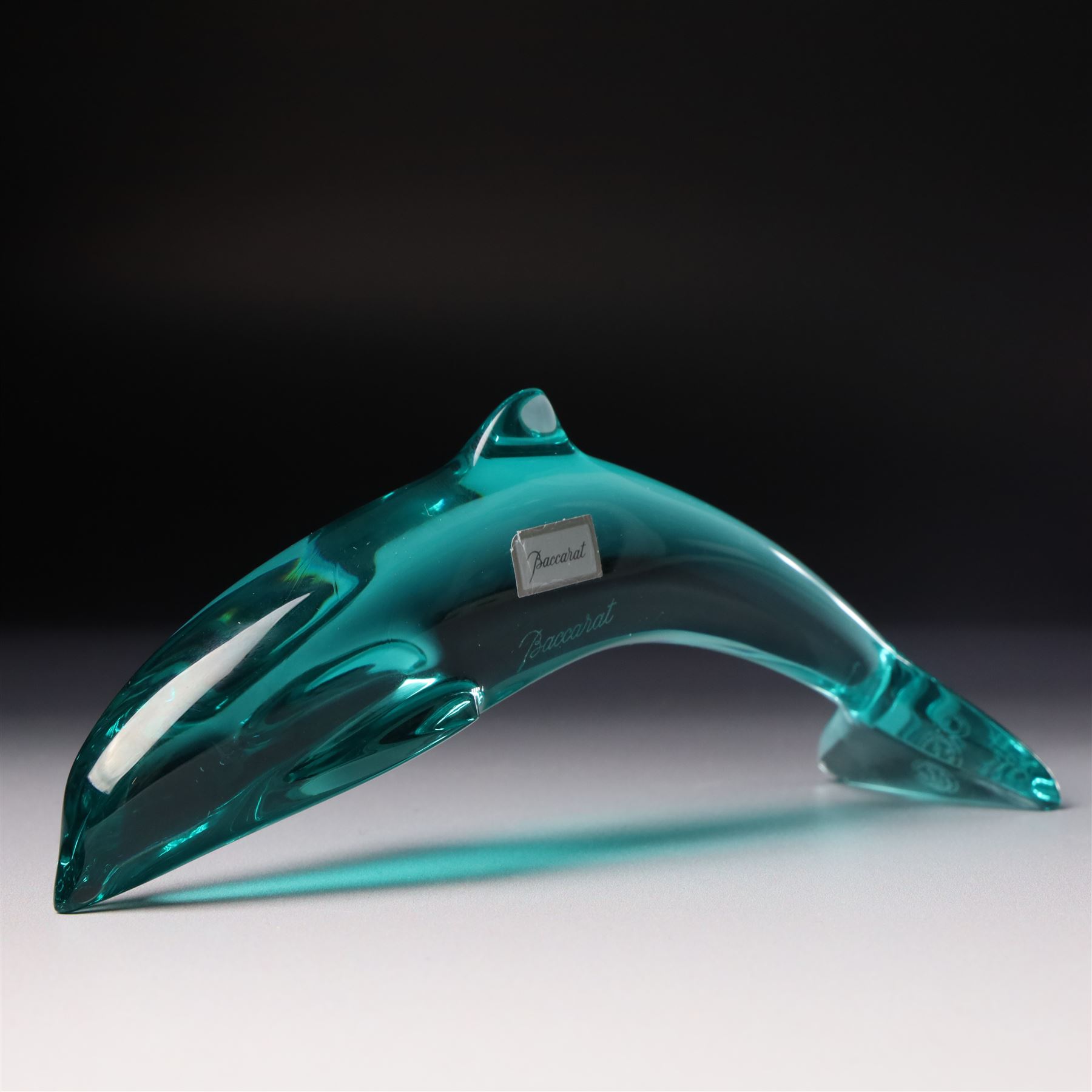 Lalique clear and frosted glass dolphin, label to base W12cm, boxed and a Baccarat blue glass dolphin W16cm  in Mappin & Webb box
