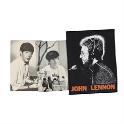 Beatles memorabilia, comprising John Lennon patch, nineteen Beatles chewing gum cards, collection of photographs and postcards including Eskimo Frozen Foods examples, two Beatles City carrier bags and Yellow Submarine cardboard cut-outs