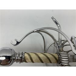 Replica knight's longsword, the 91.5cm double-edged steel blade with basket hilt and wire-bound bone grip with spherical pommel, in leather scabbard L112cm overall