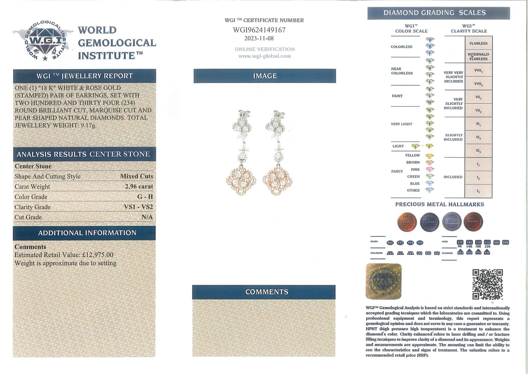 Pair of 18ct white and rose gold diamond pendant stud earrings, white gold set pear, round and marquise diamonds, suspending a cluster of pear cut and round brilliant cut diamonds, set in rose gold, total diamond weight 2.96 carat, with World Gemological Institute report