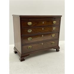 Georgian mahogany bachelors chest, rectangular moulded top over leather inset slide and four long graduating drawers, the drawers fitted with ivory lozenge escutcheons and oval brass plate handles, on ogee bracket feet