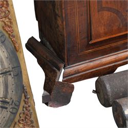 Late 18th century oak and mahogany 8-day longcase clock with a swans neck pediment and brass moon roller dial. With pendulum & weights. Movement, dial and case in need of restoration.