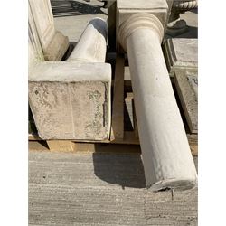 Set of four cast stone architectural columns, tapering form, on square plinth bases