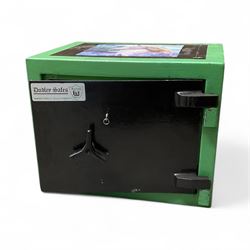 Green painted steel valuables safe, with key