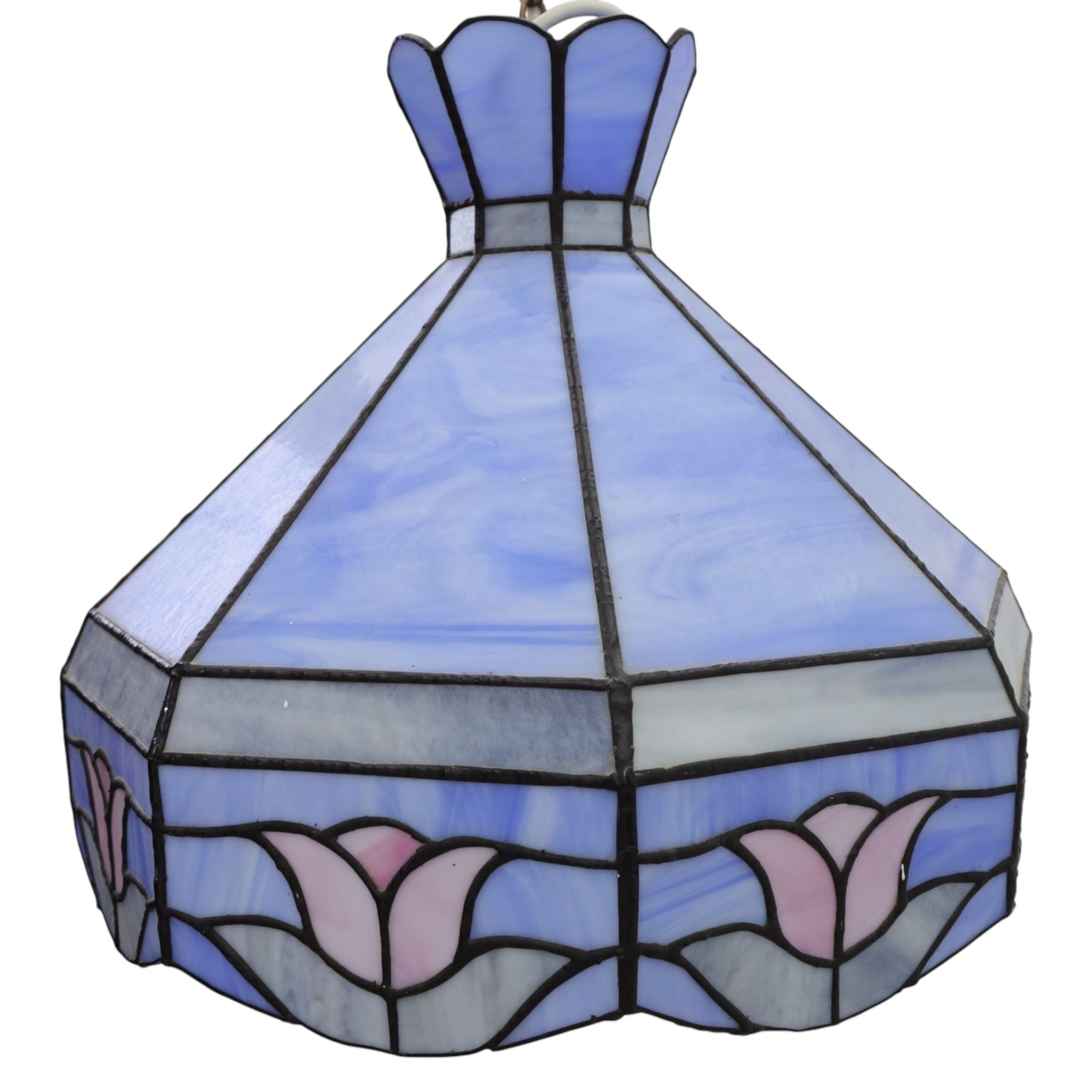 20th century Tiffany style stained glass centre light, the multi-sided shade formed from marbled blue glass panels bordered by a band of stylised floral motifs