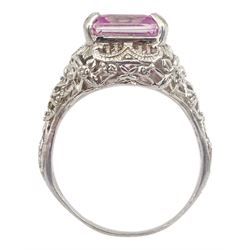 9ct white gold filigree set, emerald cut pink topaz dress ring, hallmarked