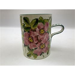 Early 20th century Wemyss large mug in wild rose pattern, decorated with pink roses and green lined boarder H14cm