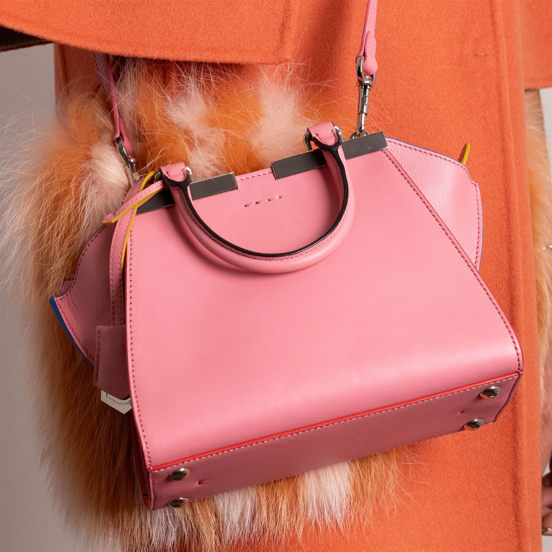 Fendi - ‘3Jours’ Mini Bag, from the Resort 2016 collection, in Wanita pink calfskin leather with blue, red and lime green trimming and silver-tone hardware, with twin top handles and detachable shoulder or crossbody strap, unused with original dust bag