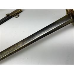 Five-ball spadroon sword with 78.5cm fullered steel blade and brass hilt with fluted swollen grip; in brass mounted leather scabbard, the locket with traces of the makers name John Knubley 11 Charing Cross L97.5cm overall