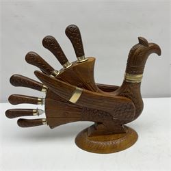 Indian turkey knife block and two brass inkwells in the form of recumbent dogs