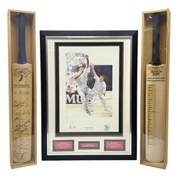 Two signed Yorkshire County cricket bats, bearing signatures including Anthony McGrath, Jacques Rudolph, Michael Vaughn and Matthew Hoggard, etc, both within glazed presentation boxes, box H86.5cm, together with a framed Darren Gough signed presentation print by Gary Keane
