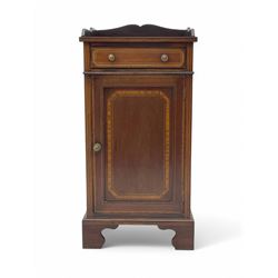 Edwardian mahogany inlaid bedside cabinet, inlaid top with gallery above, single drawer with button handles and single shelf cupboard, on scroll carved bracket feet