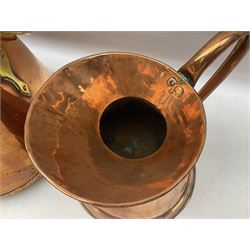 Art Nouveau copper and brass lidded coal bucket, the tapering body with brass urn shaped finial and swing carrying handle raised upon three feet, together with a copper flagon, tallest H34cm
