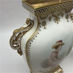 Pair of Copelands enamel jeweled twin handle vases, each decorated with a seated female figures, makers mark beneath, H22cm