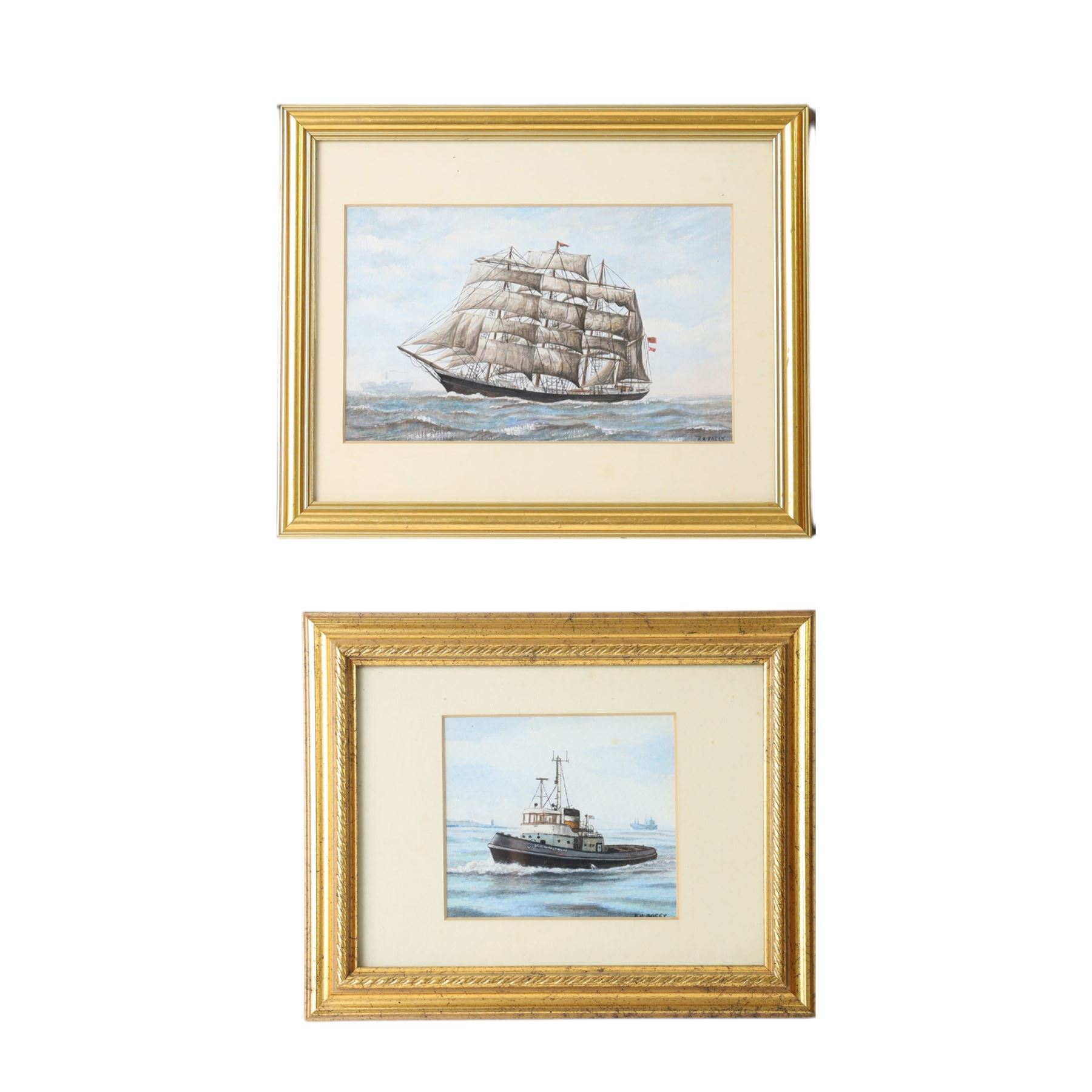 R A Pacey (British): clipper, tugboat, paddle steamer and steamboat, four watercolours, two signed, largest painting H12cm, W20cm