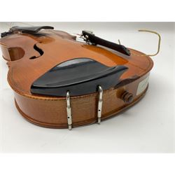 Four student violins - two Chinese three-quarter size with 33.5cm and 34cm two-piece backs; Stringers of Edinburgh quarter size with 28cm two-piece back; and Stentor quarter size with 28cm two-piece back; each in carrying case (4)