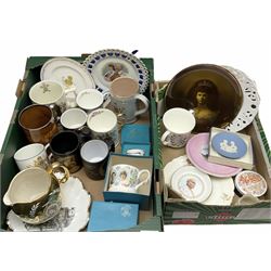 Commemorative ware ceramics to include Portmeirion 'A year to Remember' Royal Wedding mug, Ridgways George VI tankard, Hornsea Charles and Diana mug and a quantity of other commemorative mugs and plates etc in two boxes