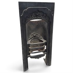 Three cast iron fireplace fittings, comprising a Regency-style fire grate with sunburst crest, urn finials, bowed basket and scroll supports (W58cm H63cm); Victorian fender with pierced acanthus frieze and foliate base (W64cm H20cm); Gothic Revival fireplace with fleur-de-lis crest, arched surround and integral fire basket (W41cm H87cm)