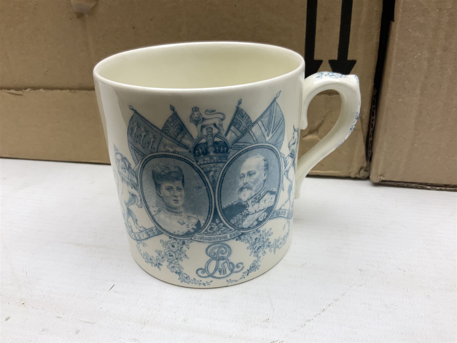 Collection of Victorian and later commemorative mugs, to include Queen Victoria 1887 Jubilee cup, Rd No. 64761, Royal Doulton Victory and Peace mug, 1919, Rd 666159, Royal Doulton King Edward VII blue transfer coronation, Royal Doulton 1937 George Coronation, Harrods Limited Rulers Of An Empire on Which The Sun Never Sets, Royal Worcester Victory in the Gulf, two Shelley examples, Spode limited edition Queen Elizabeth II Golden Jubilee etc in two boxes