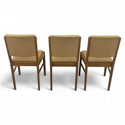 Gordon Russell - mid 20th century teak dining suite, comprising rectangular extending dining table and six matching chairs including one carver, each chair with padded upholstered seat and backrest in vinyl, on square supports, the table with plain top and rounded edges on tapered legs, an example of the firm’s functional post-war design with restrained modernist detailing (Chairs H 85cm, W 47cm, D 46cm) (Extends to 154cm)