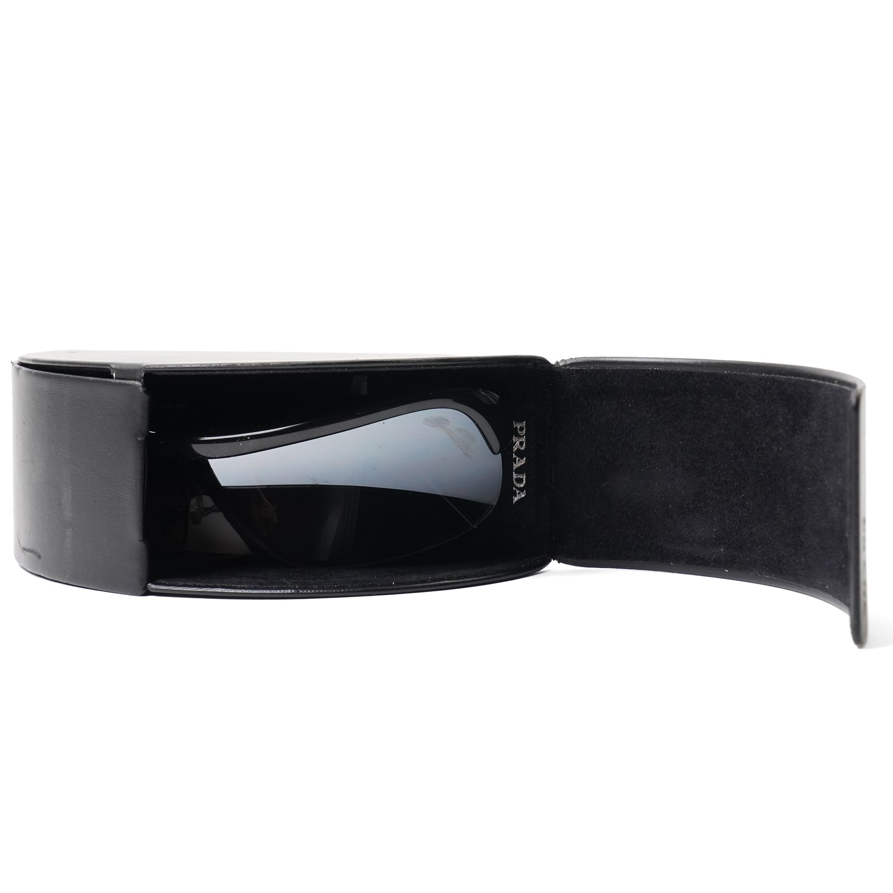 Prada - half-rim shield-style sunglasses in black acetate, with graduated smoke lenses and silver-tone PRADA lettering to the temples, in original hard case