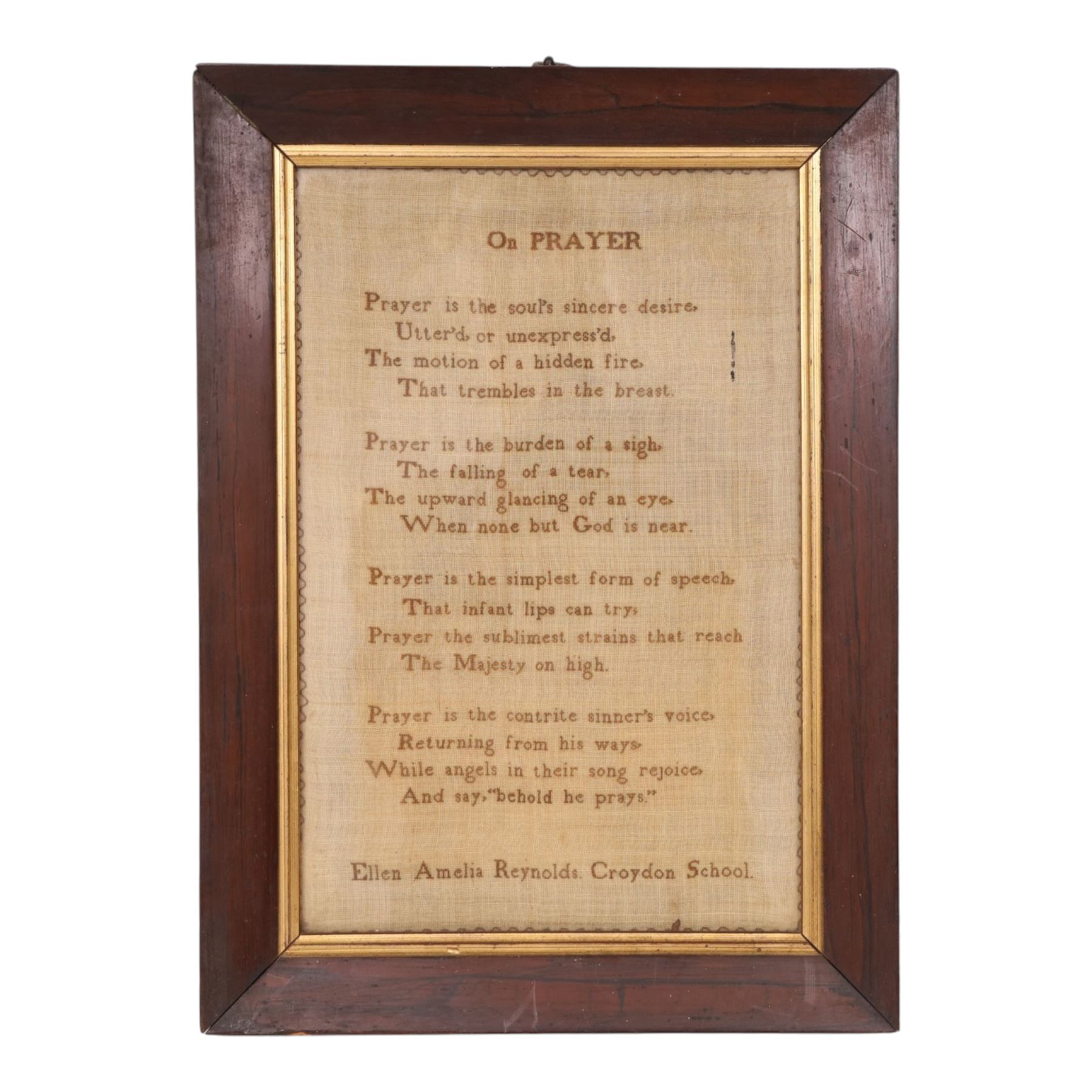 19th century needlework Quaker sampler, by Ellen Amelia Reynols Croydon School, worked with On Prayer, within an oak frame, H38cm, D28cm