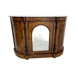 Victorian figured walnut credenza, shaped front with white marble top, the frieze inlaid with scrolling foliate decoration, central arched mirror glazed door flanked by two curved doors, turned and carved half pilastered with fluted decoration, on plinth base