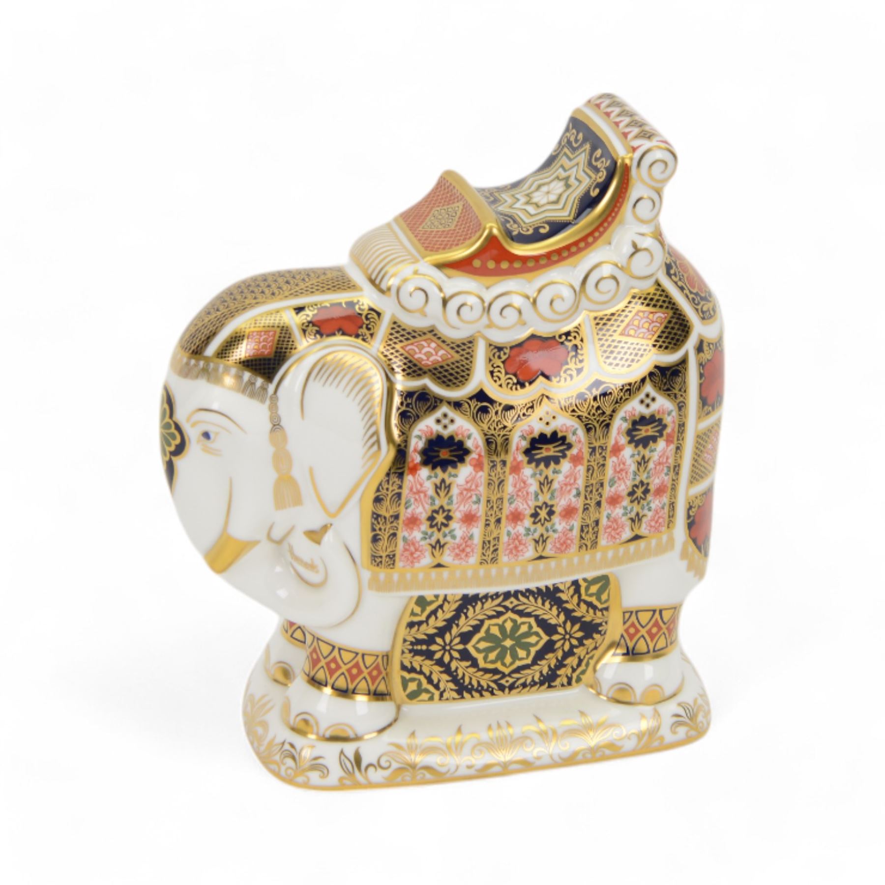 Royal Crown Derby paperweight, Large Imari 1128 Elephant made for Harrods of London, with a gold stopper, limited edition 140/150 with certificate and original box, H21cm 