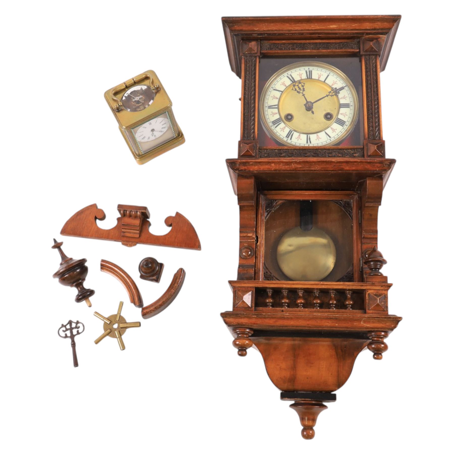 Brass carriage clock, engine turned masked dial with beveled glass sides, together with another clock 