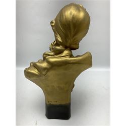 Gilt bust of a classical style male figure, the plinth base with scrolled music sheet, signed Rossi, impressed 496 84, H34cm