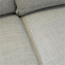 Neptune traditional style two-seat sofa, sloped back rest, gently flared arms, studded upholstered in a light grey fabric on square tapered legs 