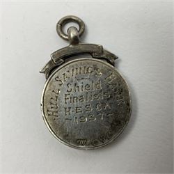 WW2 group of three medals comprising 1939-1945 War Medal, France & Germany Star and 1939-1945 Star; all with ribbons; 1930s Hull Savings Bank silver and enamel presentation fob; three medallions depicting Hitler, Mussolini and Mao Tse Tung; quantity of modern crowns and other coins; and a 6mm Flobert style starting pistol