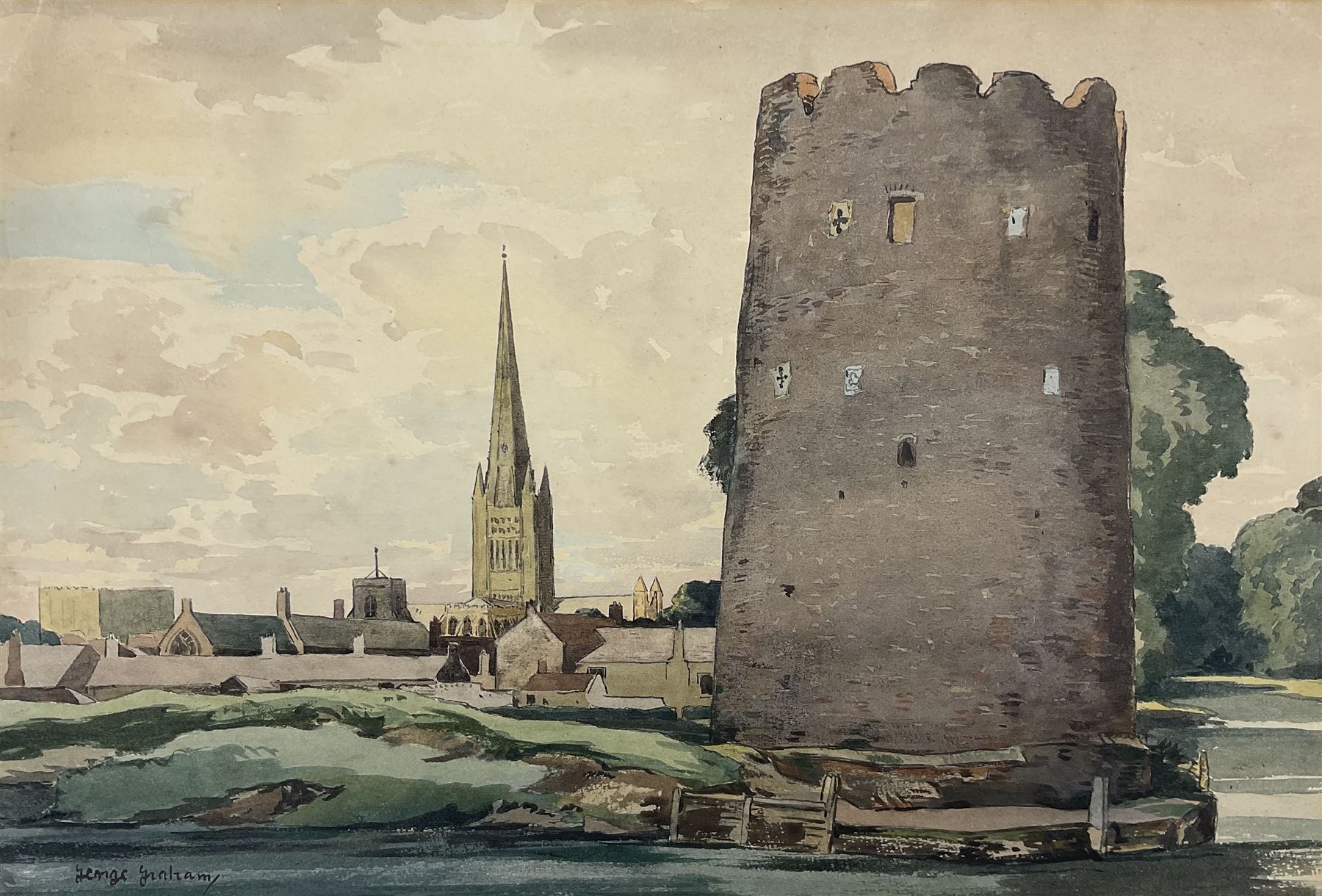 George Graham (British 1881-1941): The Cow Tower - Norwich, watercolour signed 27cm x 40cm (unframed)