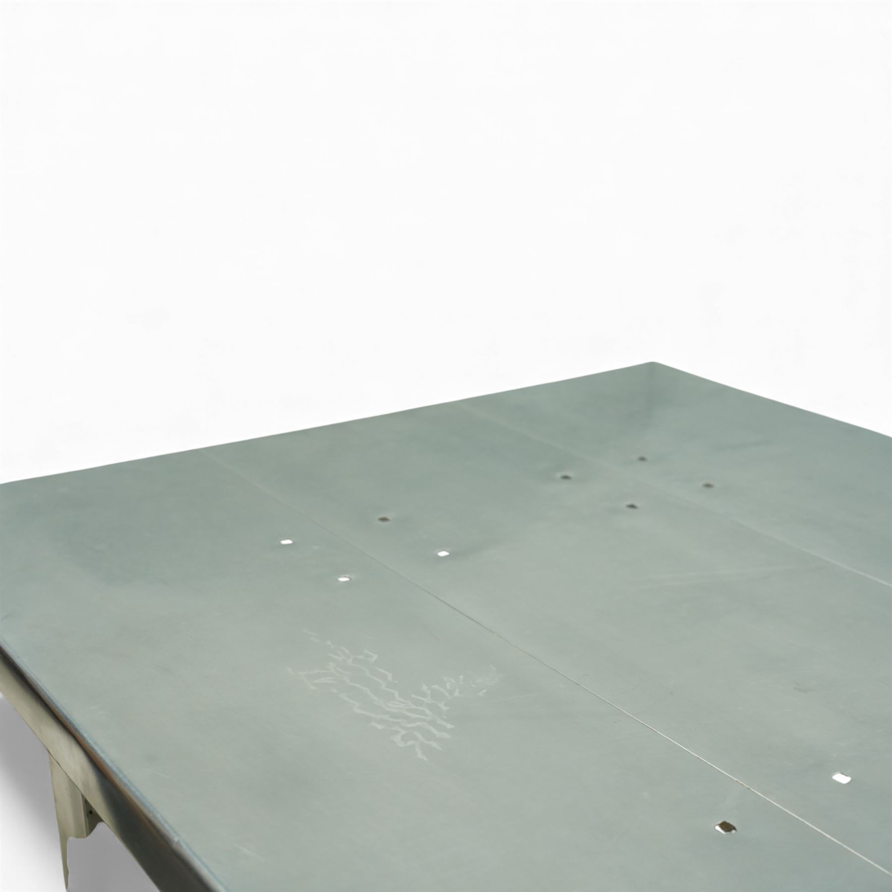 Timothy Oulton - Boston Aero aluminium dining table, rectangular riveted aluminium clad top on matching angular supports with stretchered base