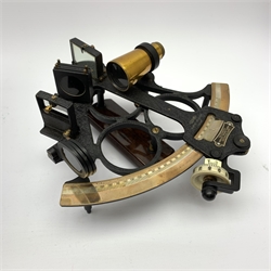 Mid-20th century Heath & Co Hezzanith sextant with black crackled framework and bakolite handle, the brass arc with silvered scale, endless tangent screw and rapid reader, no. P137, in original fitted mahogany box marked Cooke Hull to the paxolin lid, examination certificate dated 1945, various accessories, manuscript biographical note from original owner and other paperwork, box L28cm