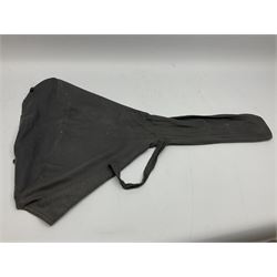 Russian balalaika with six-piece segmented back, the top painted with a scene of Russian onion capped buildings monogrammed K.B.H.1993; bears cyrillic label; L67.5cm; in carrying bag