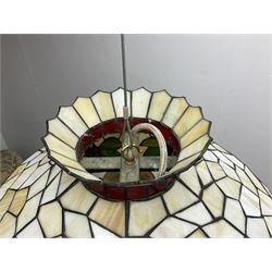 Large Tiffany style leaded ceiling light shade, decorated with grapes and with white glass spherical light fitting, D50cm