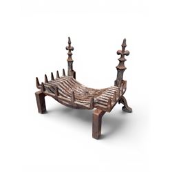 Victorian design cast iron fire grate with fire dogs, final over floral moulding and trefoil base