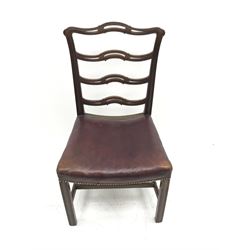Georgian mahogany Chippendale style chair, moulded frame with pierced and waved slat back, dished leather upholstered seat with stud work, on moulded square supports jointed by stretchers, seat width - 53cm, seat height - 45cm