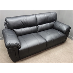  Three seat sofa (W205cm), and matching two seat sofa (W158cm), upholstered in black leather  