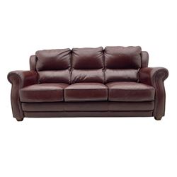 Three seat sofa and matching electric reclining armchair, upholstered in brown leather