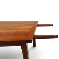 French cherry wood extending dining table, rectangular top on square chamfered supports with two additional leaves; with Batheaston - set of eight cherry wood waived ladder back dining chairs with rush seats (W46cm H98cm)