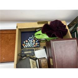 Minuet radio, leather case, velvet women's coat, ceramic clock case, books, coins etc in three boxes