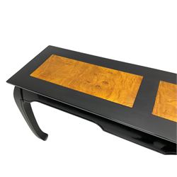 20th century Chinese ebonised lacquered console table, rectangular top with contrasting elm rectangular panels, shaped apron over curved supports