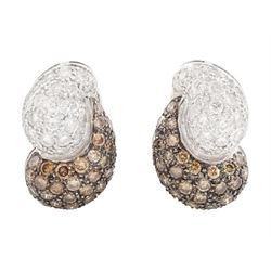 Pair of 18ct white gold pave set, round brilliant cut white and fancy brown diamond stud e...