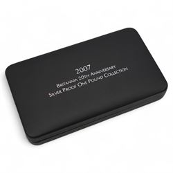 The Royal Mint United Kingdom 2007 Britannia 20th Anniversary silver proof one pound collection, cased with certificate