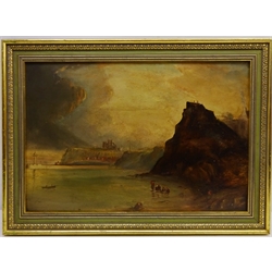  Upgang Beach Whitby, 19th century oil on board indistinctly signed and dated 1869, 32cm x 48cm  