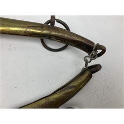 Pair of brass horse hames, together with a wooden farmers yoke with chains 